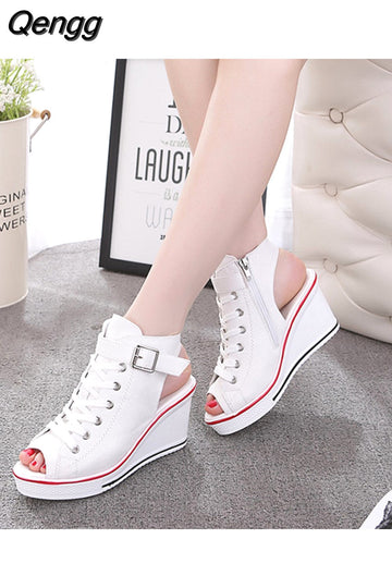 Niulatu High Top Canvas Shoes Women's Fish Mouth Canvas Sandals Sloped Heel Hollow Out Women's Shoes Wedges Shoes for Women DJSE